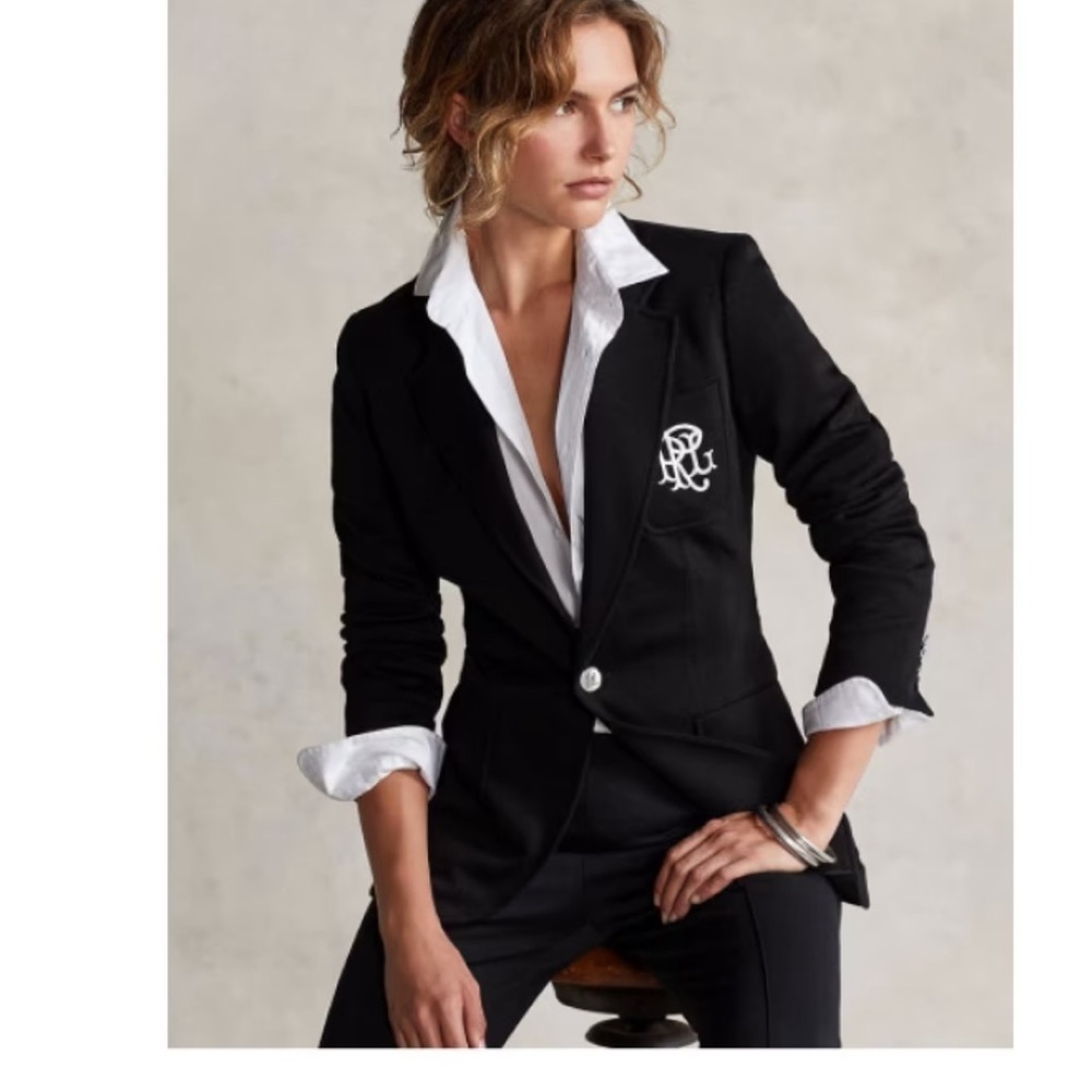 Lauren Ralph Lauren Womens Black Embroidered Monogram Logo Blazer Size Medium